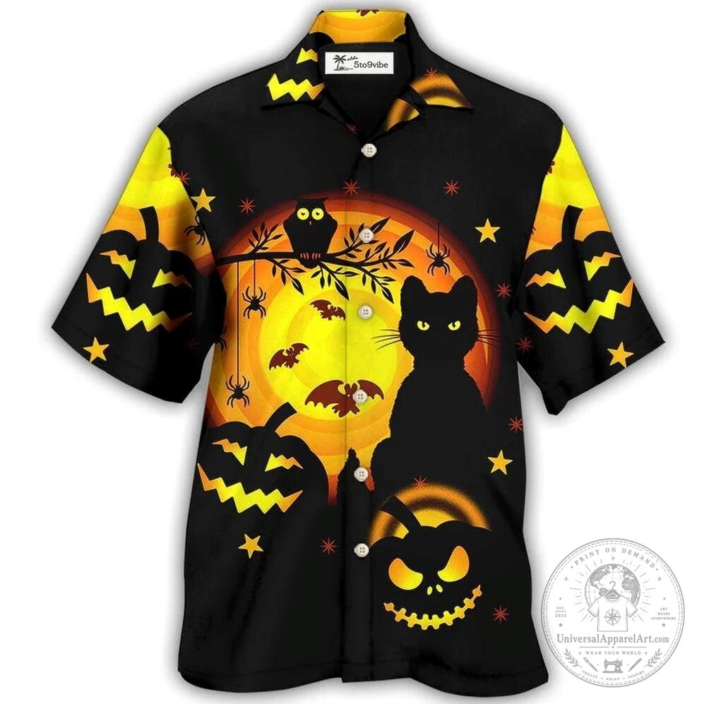 Halloween Awesome Black Cat And Pumpkin Hawaiian Shirt