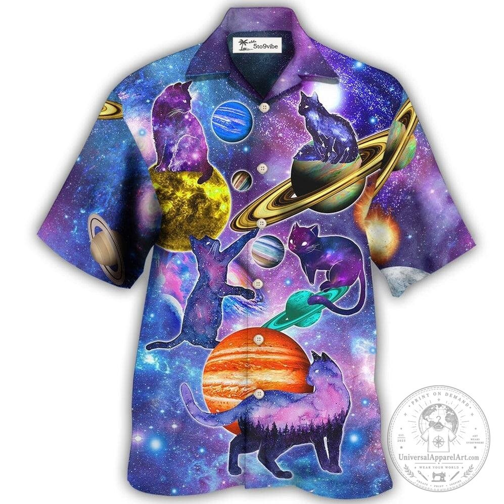 Galaxy Cats Playing with Planets Hawaiian Shirt for Men and Women