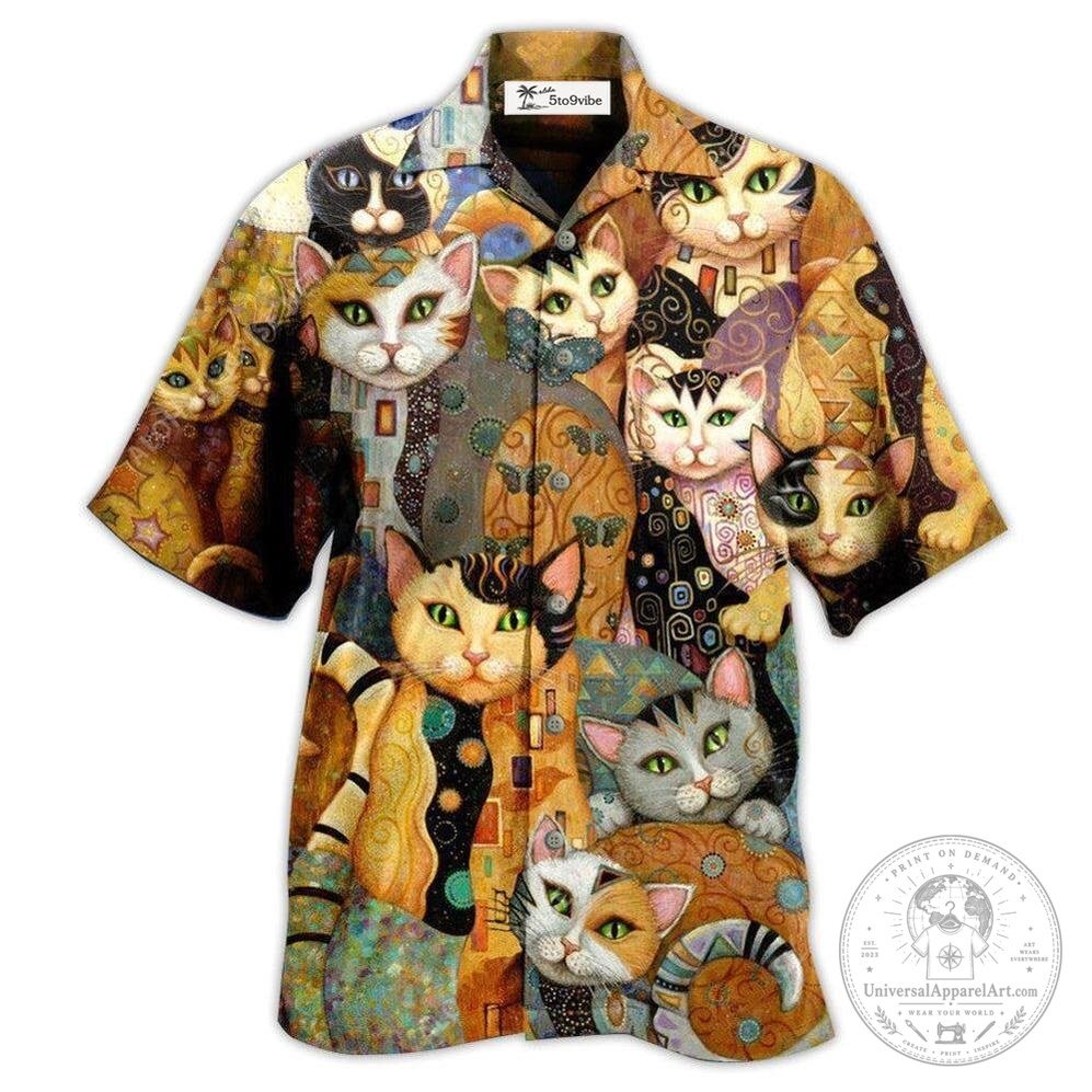 Artistic Cat Lovers Hawaiian Shirt for Men and Women, Colorful Feline Print Summer Button Down