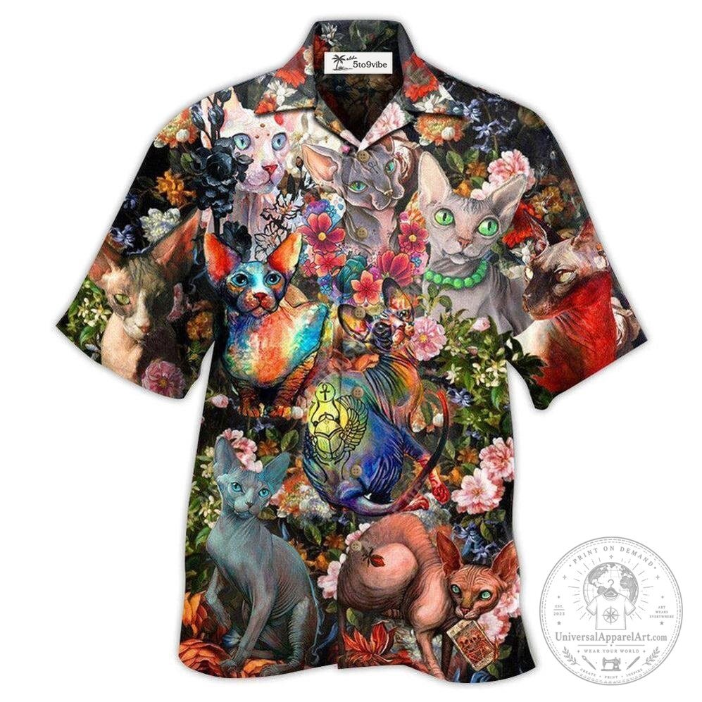 Colorful Sphynx Cats and Flowers Pattern Hawaiian Shirt