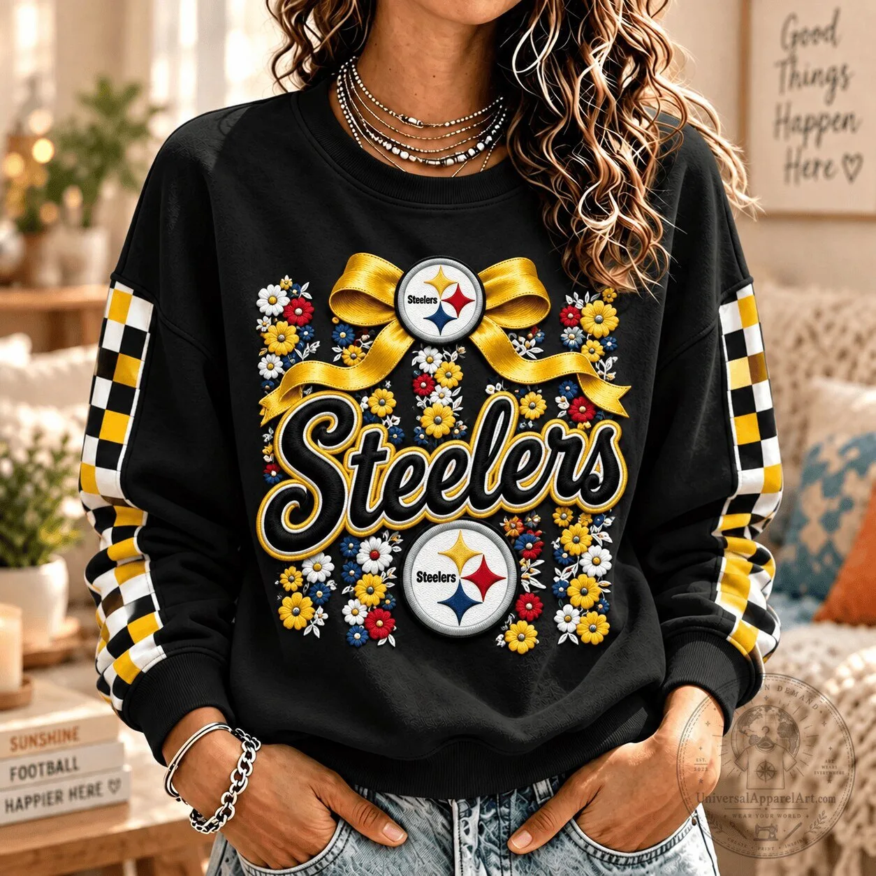 Pittsburgh Steelers Floral Checkered Sleeve Women's Crewneck Sweatshirt
