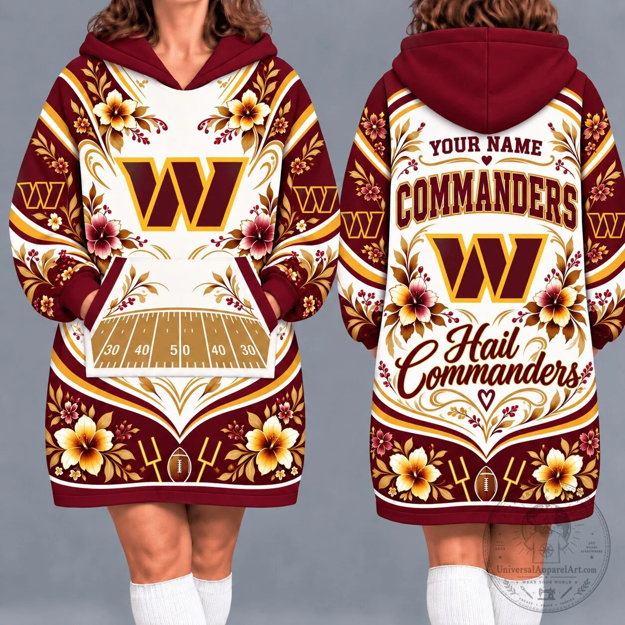 Washington Commanders Football Floral Pattern Oversized Blanket Hoodie for Women