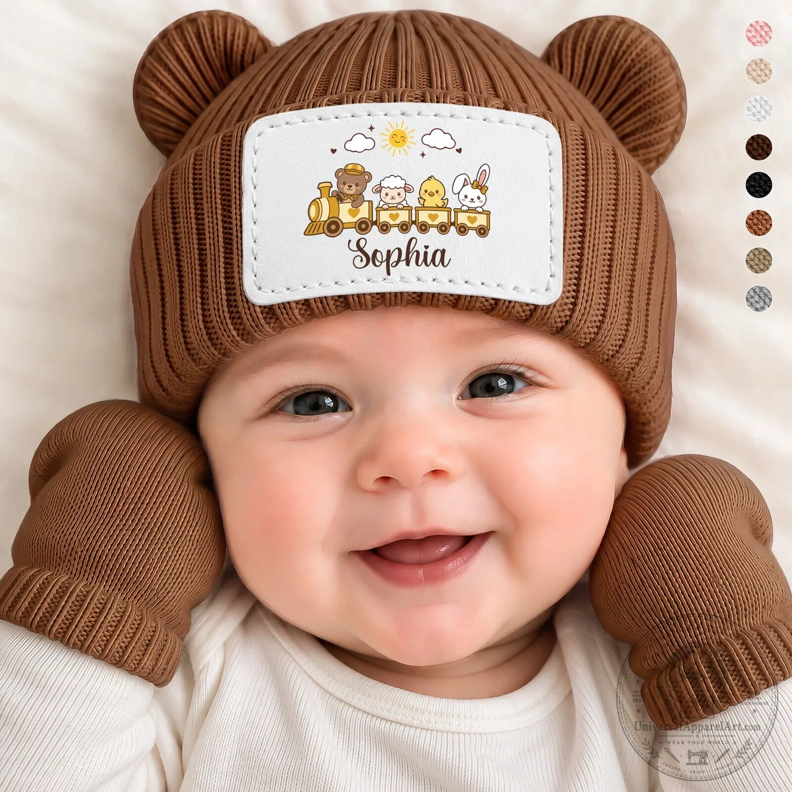 Personalized Baby Animal Train Beanie Hat with Mittens for Newborns