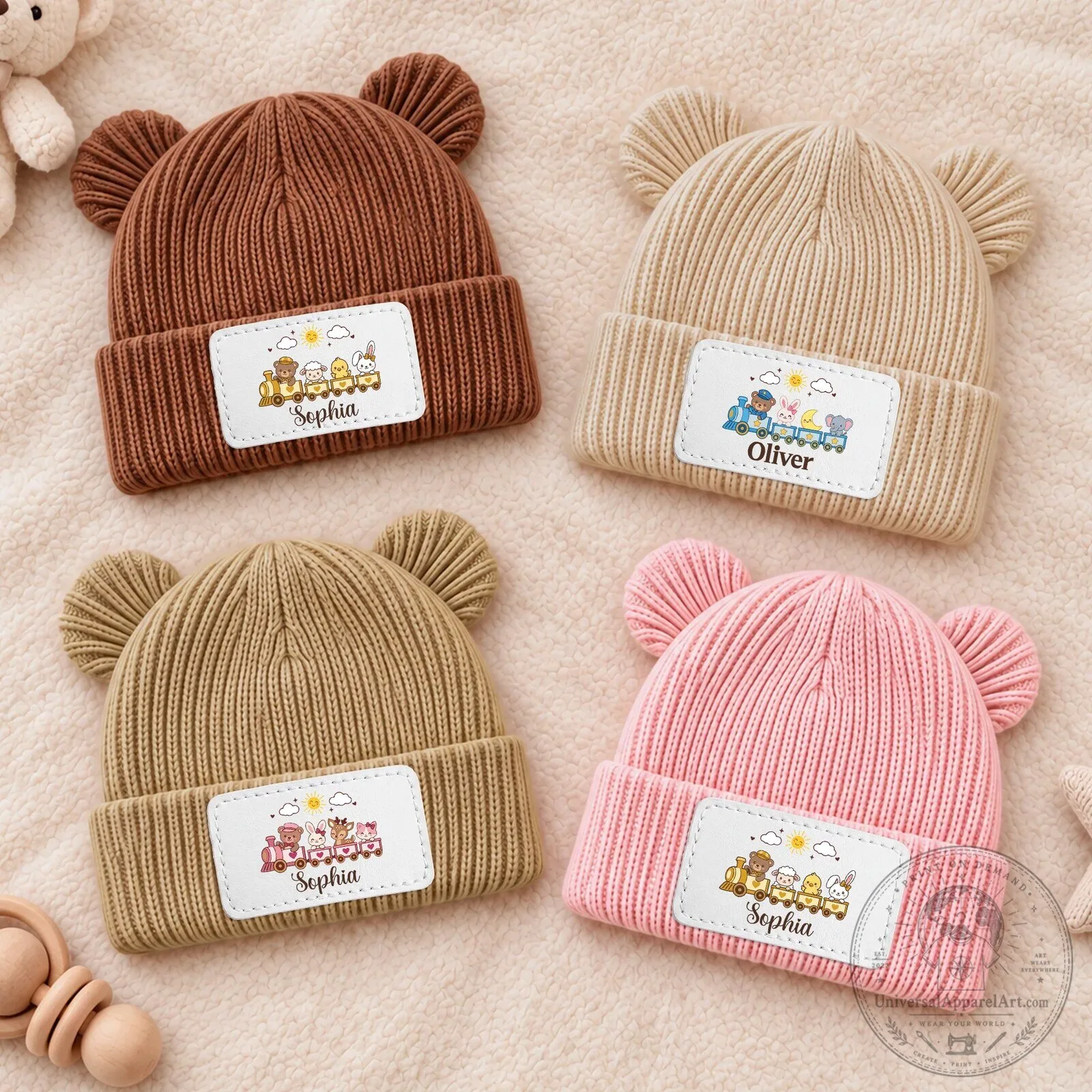 Personalized Baby Animal Train Beanie Hat with Mittens for Newborns 7 Personalized Baby Animal Train Beanie Hat with Mittens for Newborns