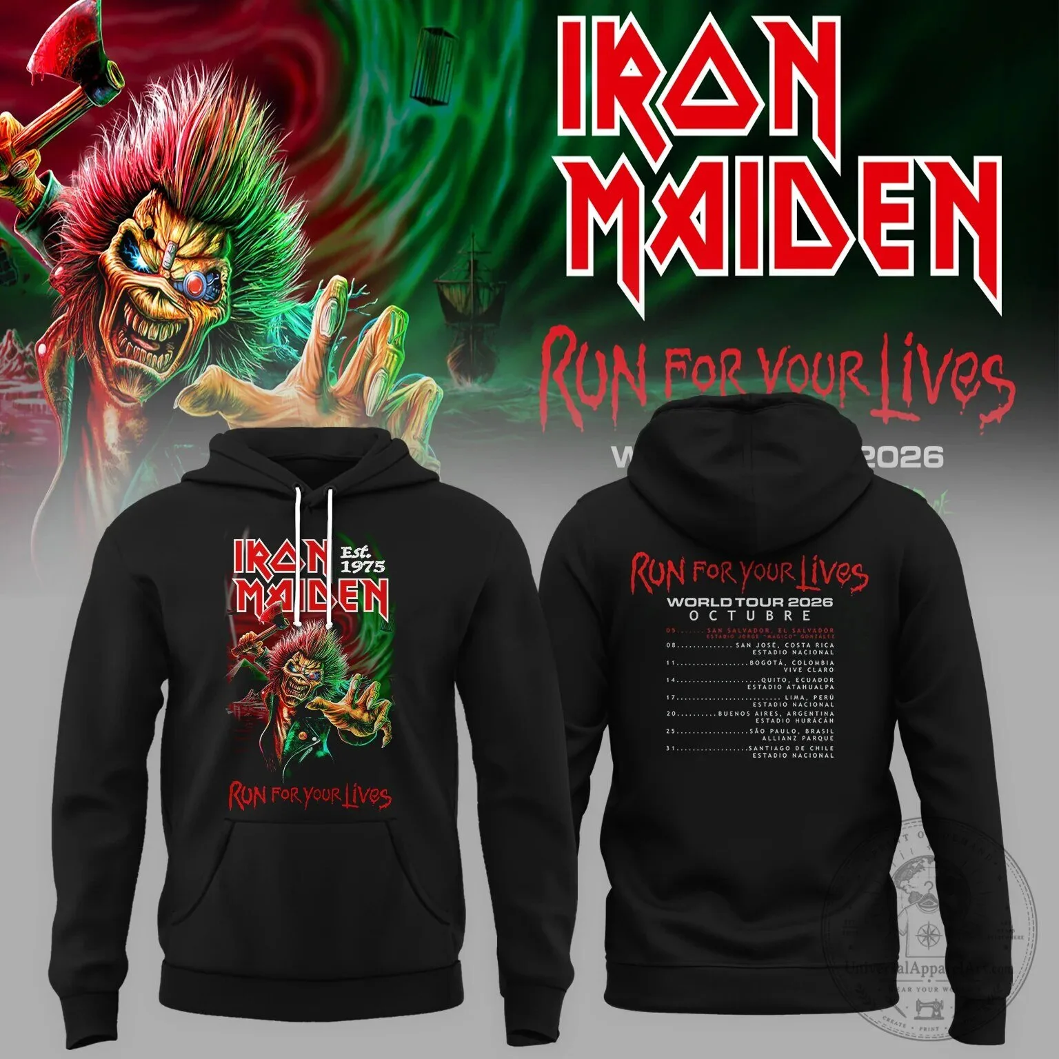 Iron Maiden Run For Your Lives World Tour 2026 Eddie The Head Black Hoodie
