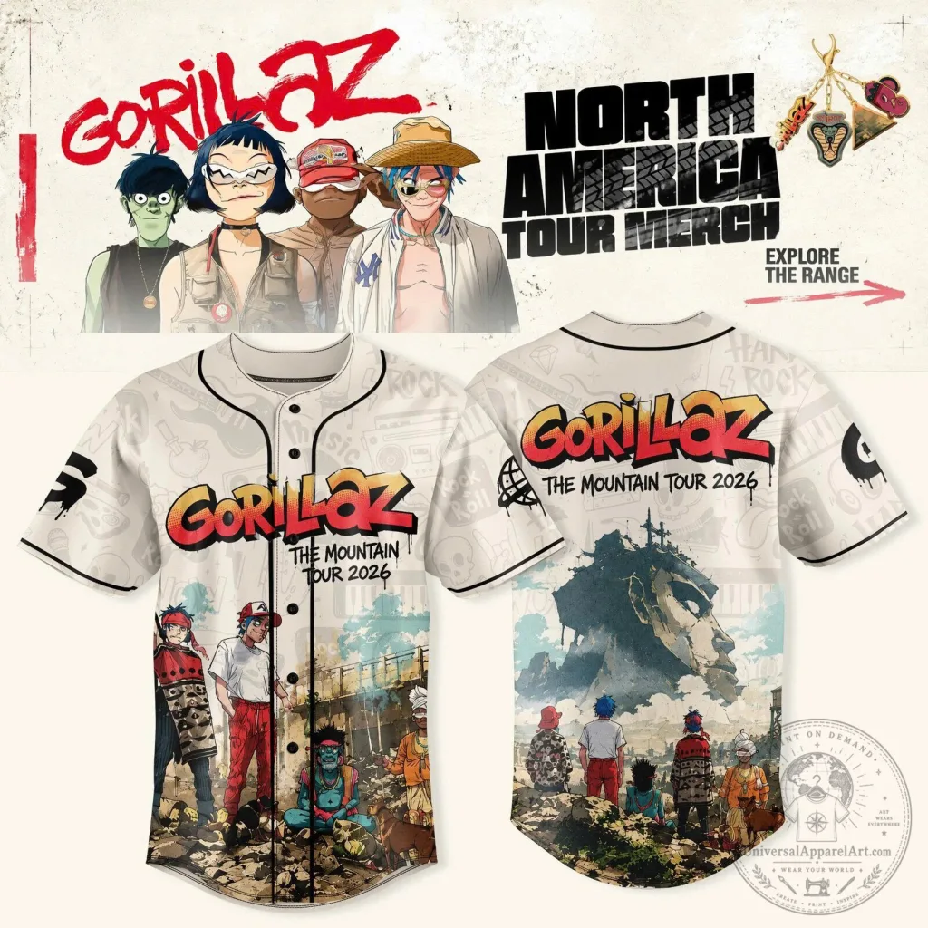 Gorillaz The Mountain Tour 2026 North America Baseball Jersey Gorillaz The Mountain Tour 2026 North America Baseball Jersey