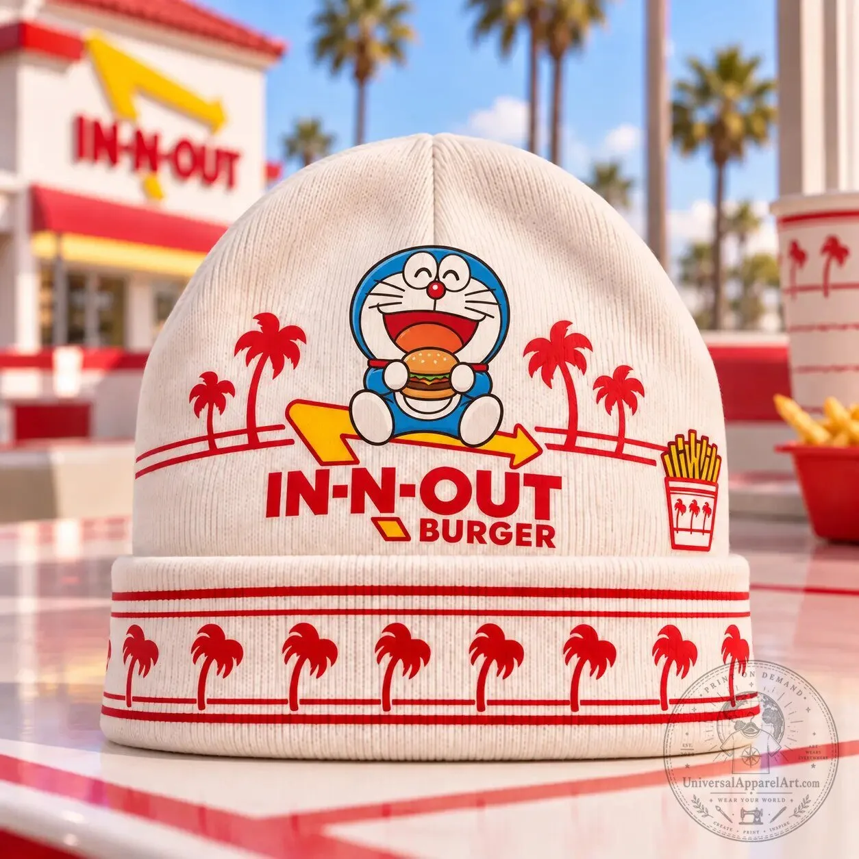 Doraemon In-N-Out Burger Palm Tree Pattern White Knit Beanie Hat