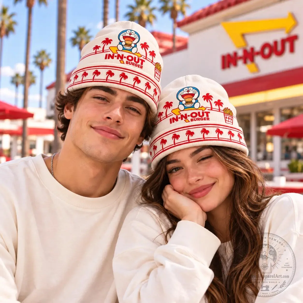 Doraemon In-N-Out Burger Palm Tree Pattern White Knit Beanie Hat 3 Doraemon In-N-Out Burger Palm Tree Pattern White Knit Beanie Hat