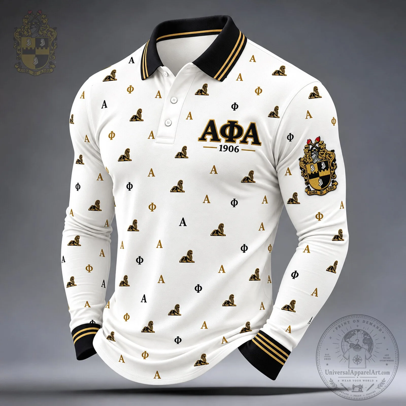 Alpha Phi Alpha Fraternity Gold Elephant Pattern Long Sleeve Polo Shirt
