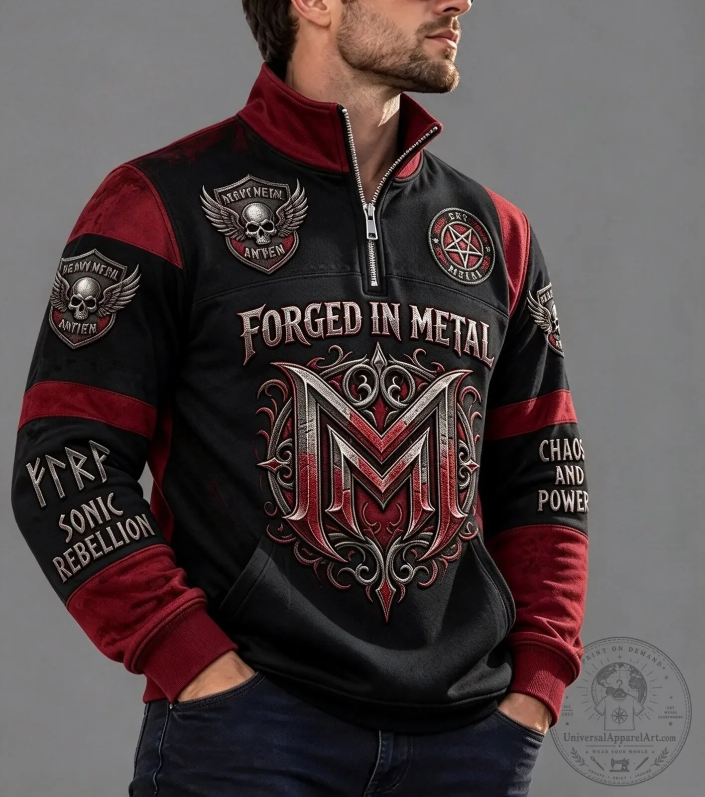 Heavy Metal Forged in Metal Skull Emblem Quarter Zip Sweatshirt
