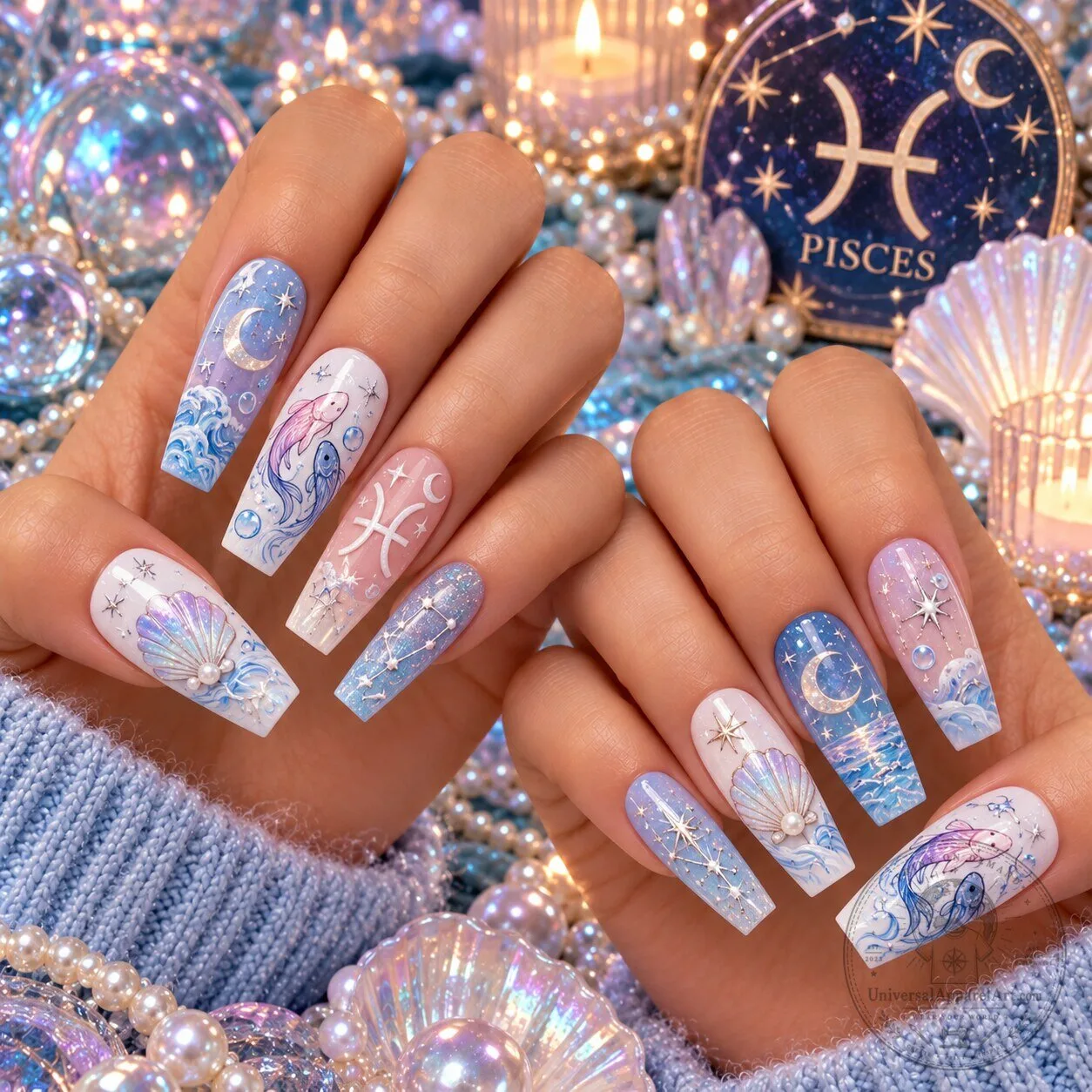 Pisces Zodiac Sign Pastel Ocean Dream Press-On Nails Set