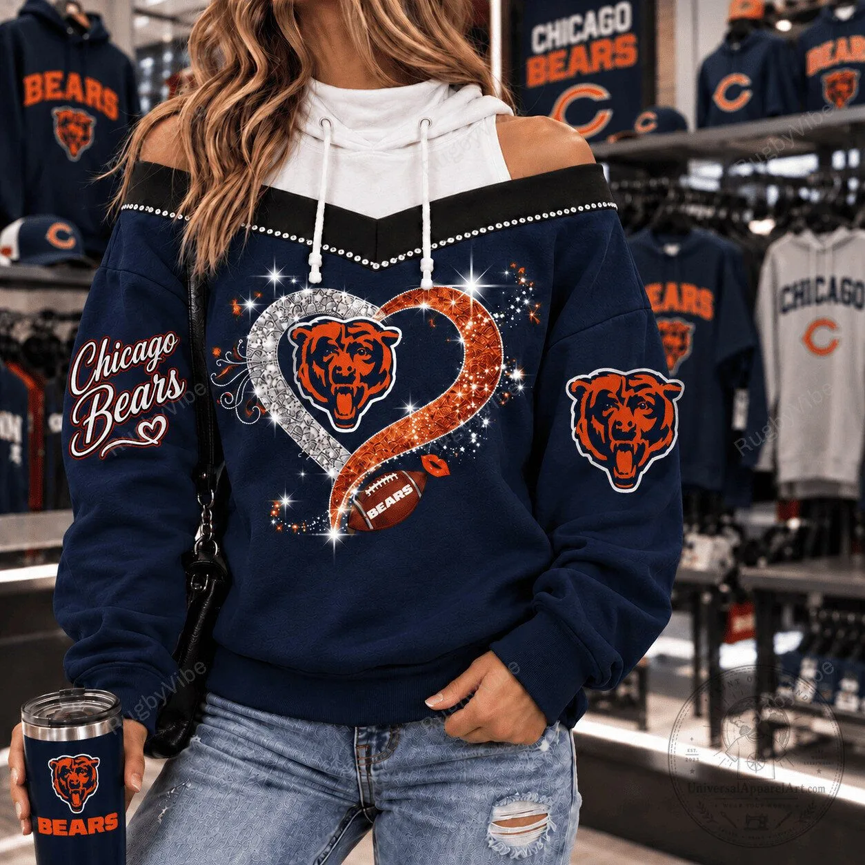 Chicago Bears Glitter Heart Football Design Off Shoulder Hoodie