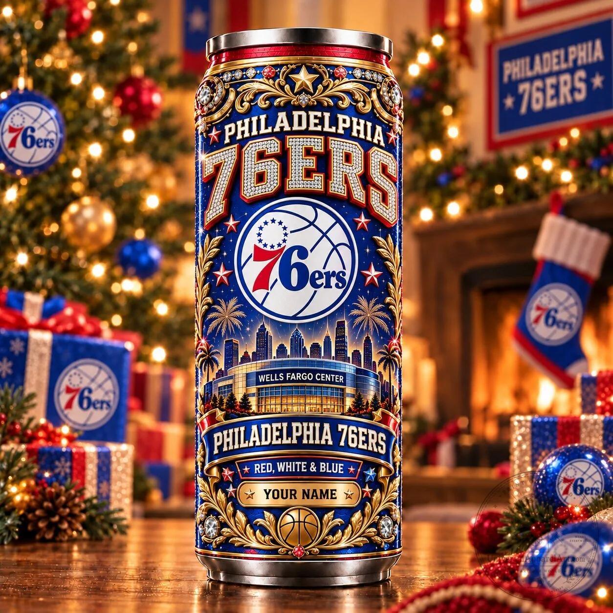 Philadelphia 76ers NBA Wells Fargo Center Red White and Blue Can Tumbler