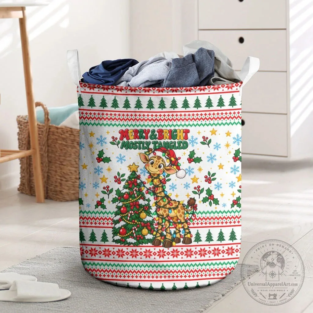 Christmas Giraffe Tangled Lights Merry Bright Laundry Basket