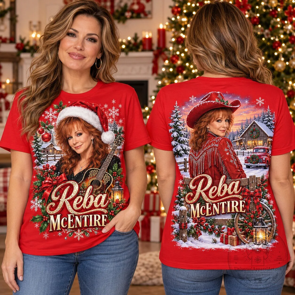 Reba McEntire Christmas Guitar Winter Wonderland Holiday Red T-Shirt