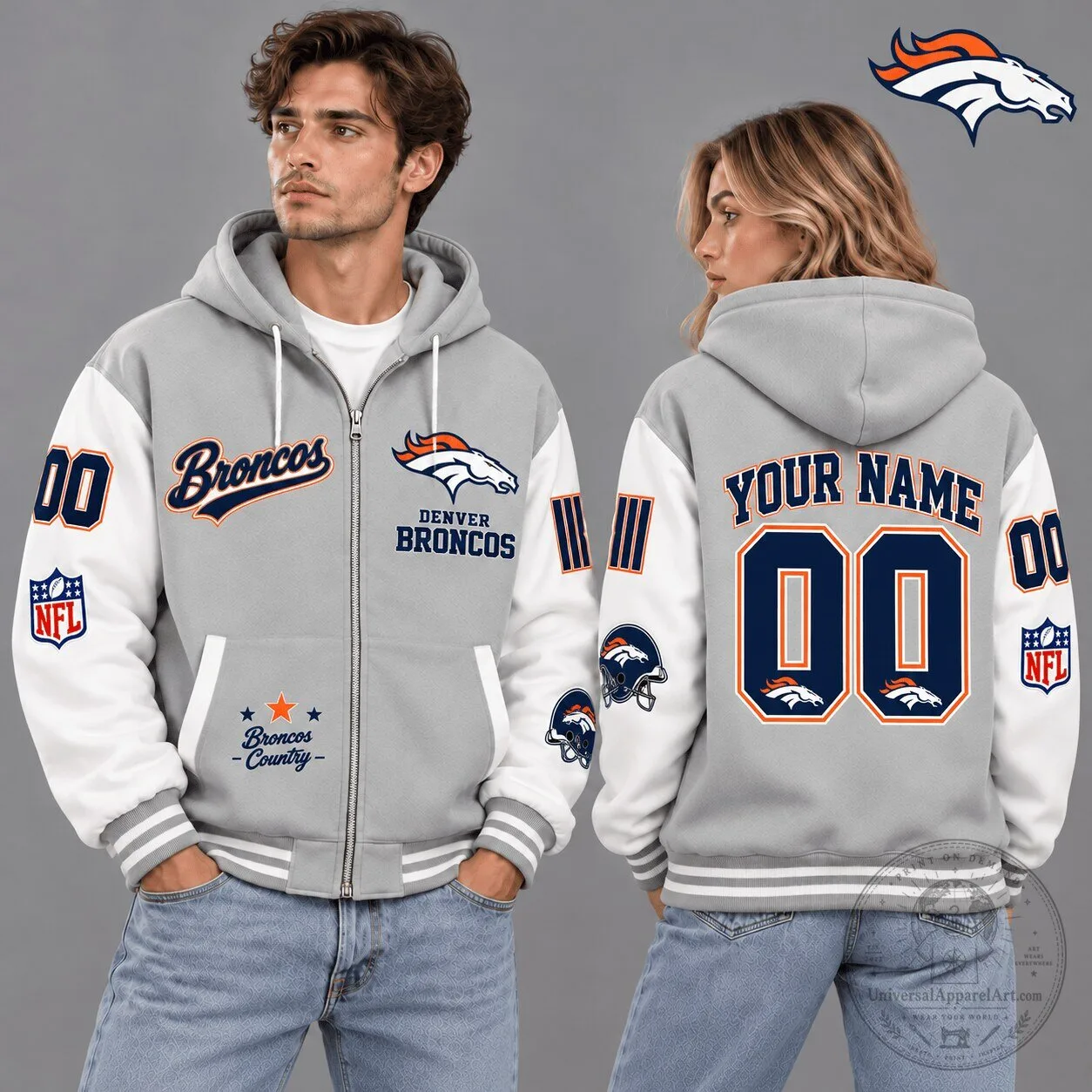 Denver Broncos Vintage Varsity Gray Custom Name Number Full-Zip Hoodie