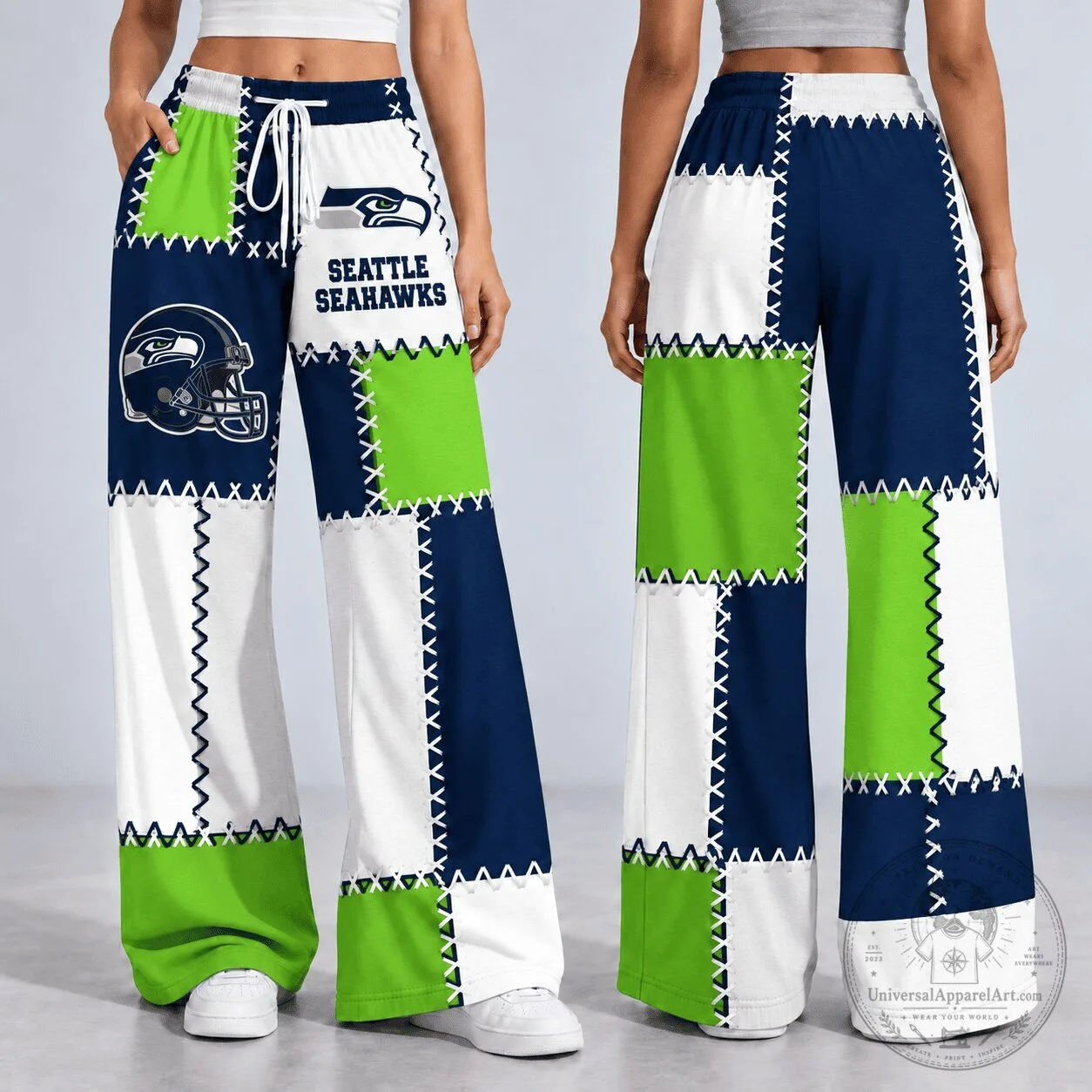 Seattle Seahawks Patchwork Wide Leg Casual Pants for Women 1 Seattle Seahawks Patchwork Wide Leg Casual Pants for Women