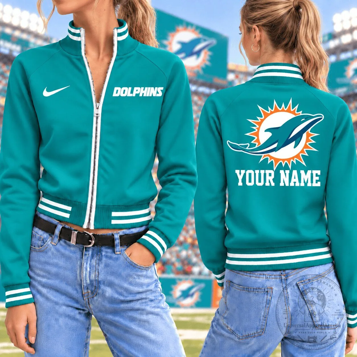 Miami Dolphins Custom Name Teal Full-Zip Bomber Jacket for Women 1 Miami Dolphins Custom Name Teal Full-Zip Bomber Jacket for Women