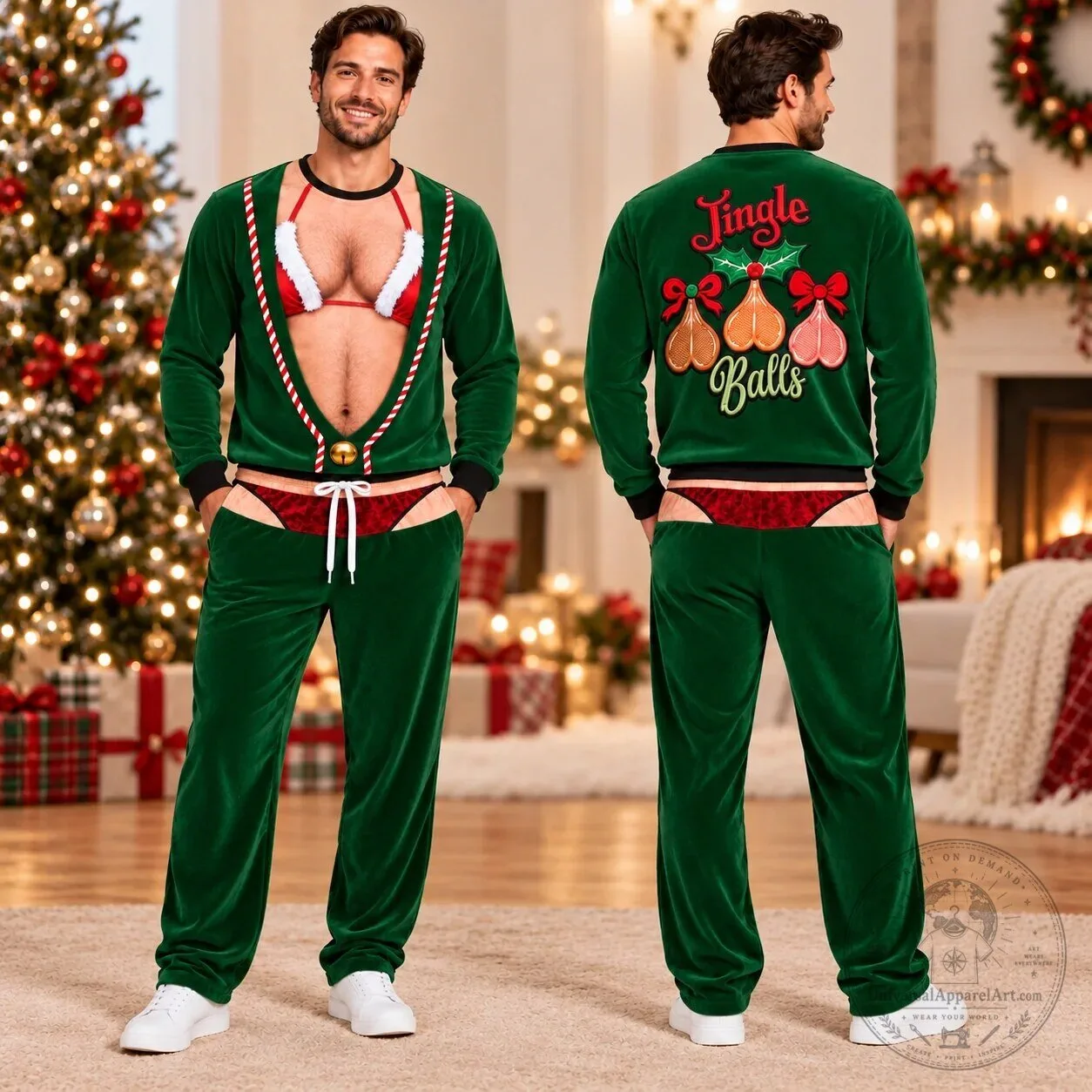 Funny Christmas Jingle Balls Green Velvet Pajama Set for Men