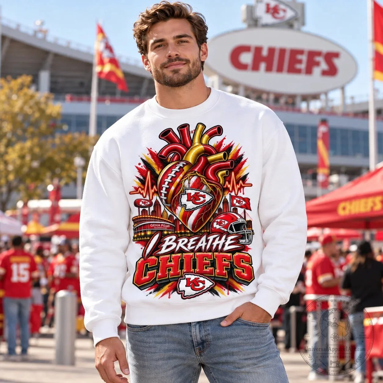 Kansas City Chiefs Football Fan Apparel Sweatshirt with Heart and Helmet Graphic