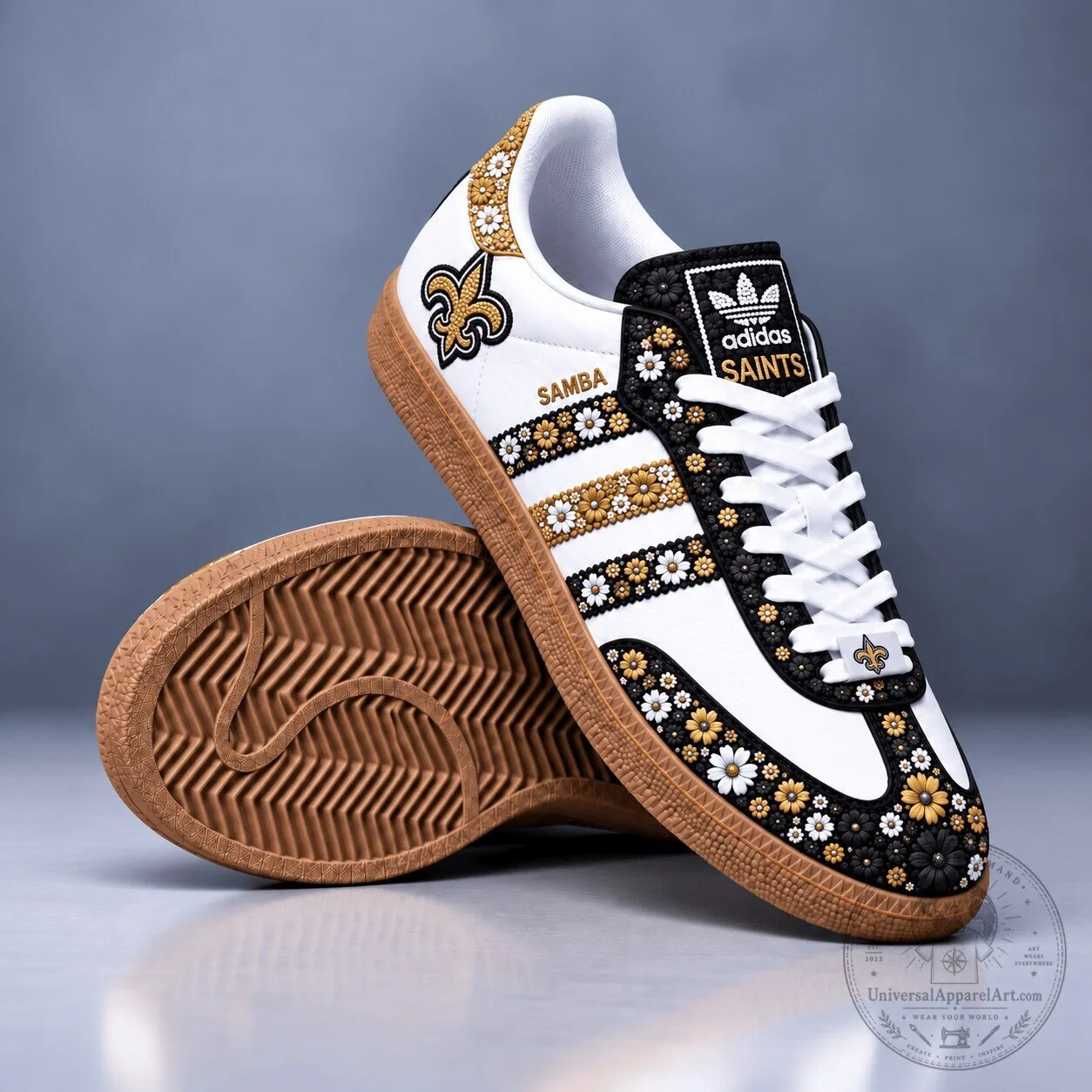 New Orleans Saints Floral Pattern White and Gold Adidas Samba Shoes