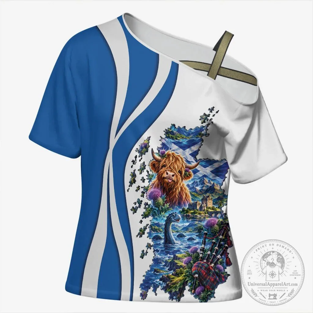Scotland National Flag and Map Highland Cow Nessie Bagpipes Women's T-Shirt