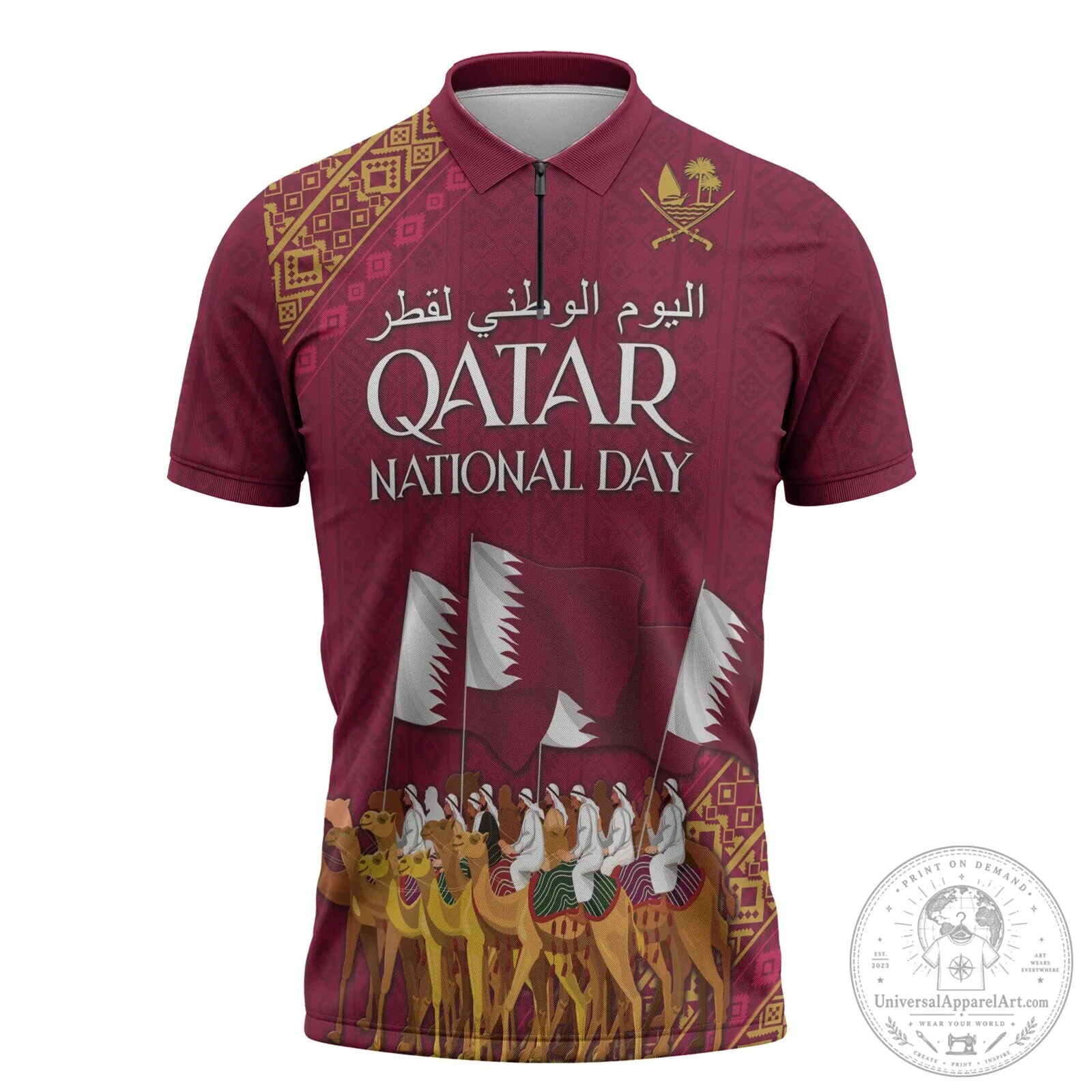 Polo Shirt for Qatar National Day Featuring Arabian Peninsula Camel Parade Design