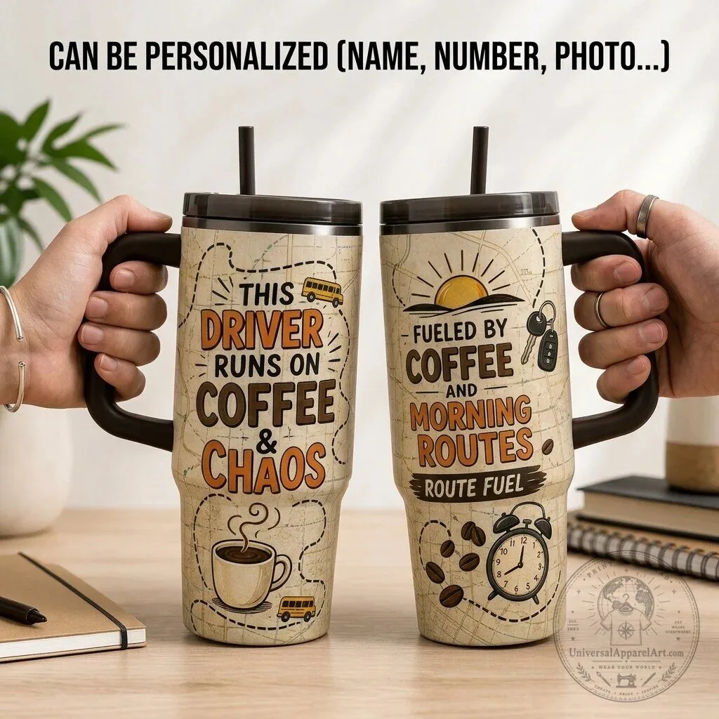 Bus Driver Fuelled By Coffee And Chaos Commuter Gift Tumbler With Handle