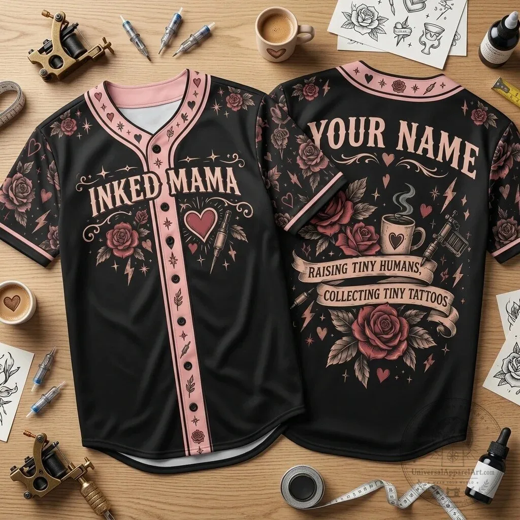 Inked Mama Tattoo Rose Design Personalized Baseball Jersey