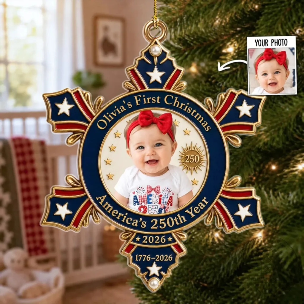 Personalized Baby's First Christmas America's 250th Year Snowflake Ornament Personalized Baby's First Christmas America's 250th Year Snowflake Ornament