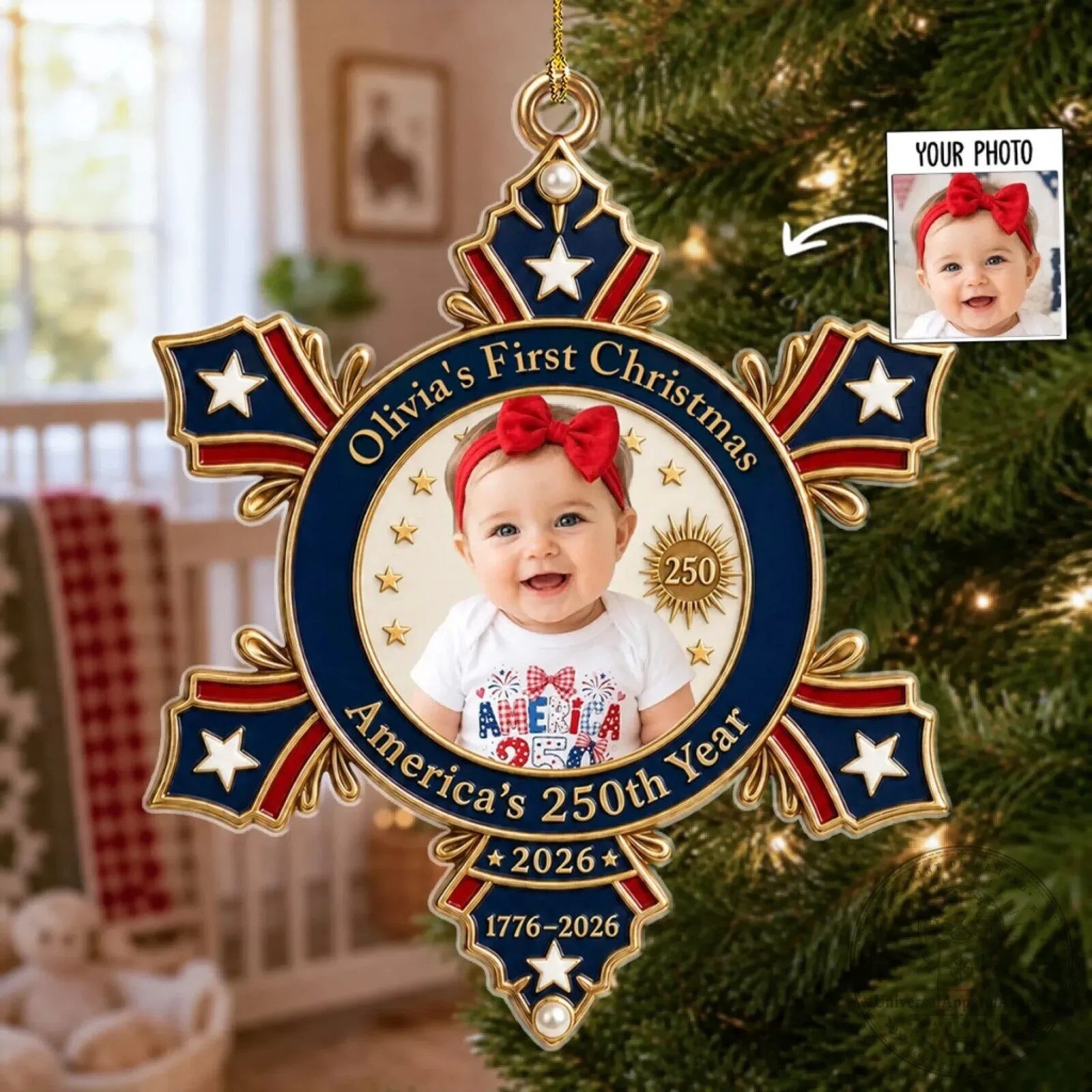 Personalized Baby's First Christmas America's 250th Year Snowflake Ornament