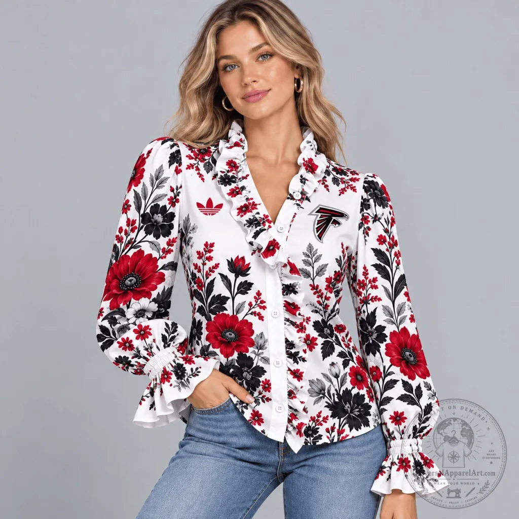 Atlanta Falcons Floral Ruffle Neck Long Sleeve Button Down Blouse Atlanta Falcons Floral Ruffle Neck Long Sleeve Button Down Blouse