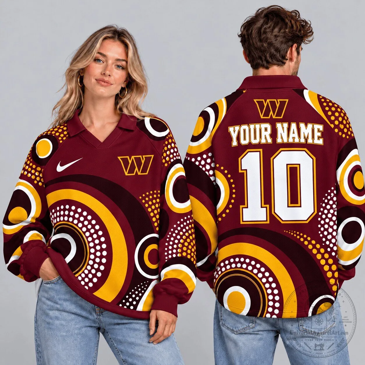 Washington Commanders Custom Name Number Retro Geometric Circle Print Long Sleeve Polo Shirt