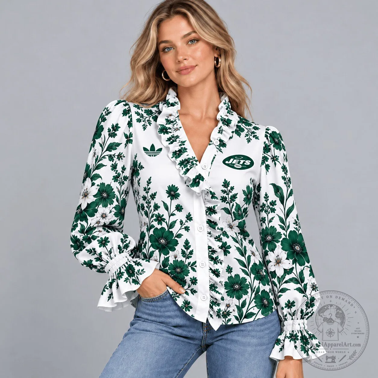 New York Jets Floral Ruffle Neck Button Down Long Sleeve Blouse