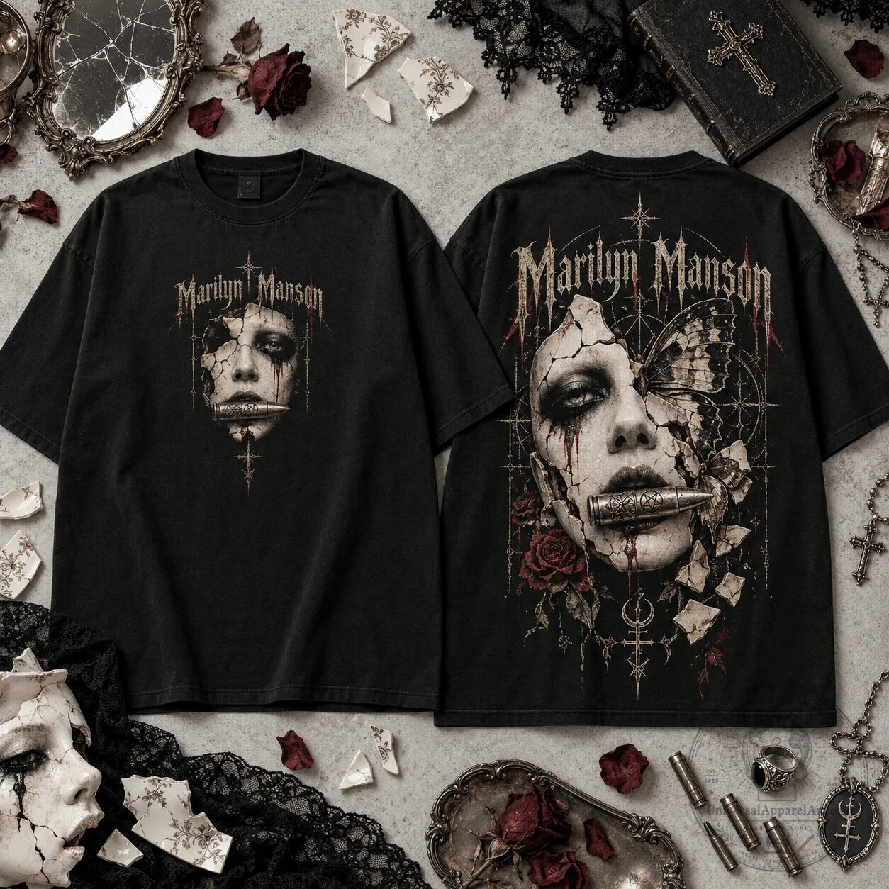 Marilyn Manson Broken Porcelain Mask Gothic Vintage Industrial Rock Band T-Shirt