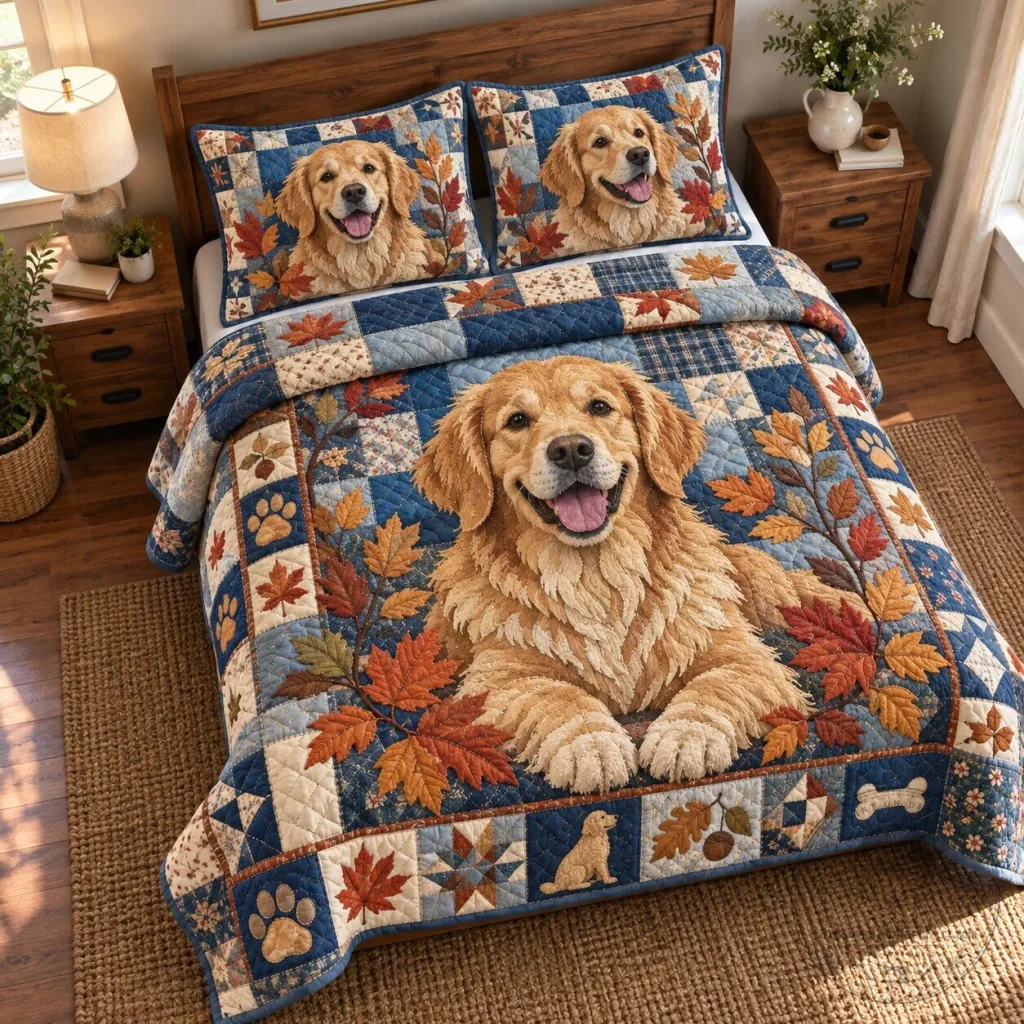 Golden Retriever Dog Autumn Leaves Quilted Bedding Set with Pillow Shams Golden Retriever Dog Autumn Leaves Quilted Bedding Set with Pillow Shams