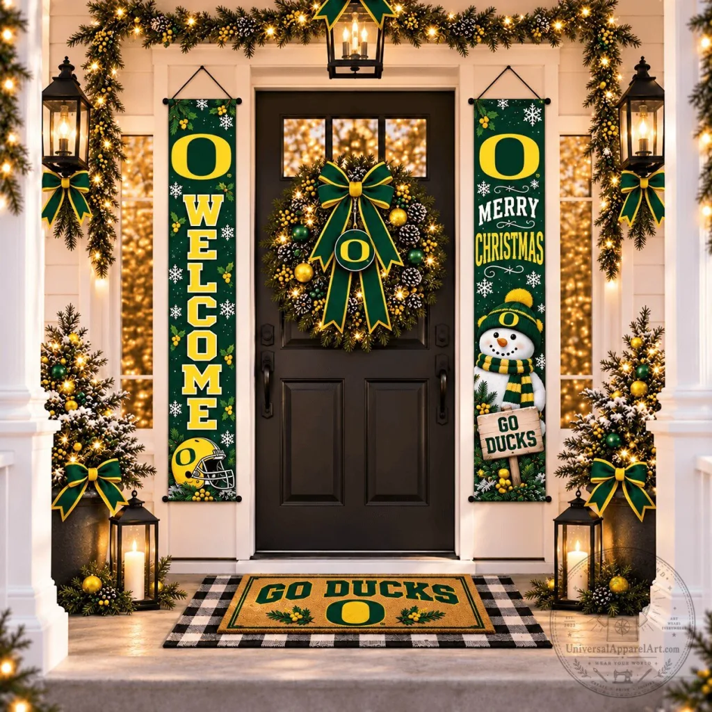 Oregon Ducks Christmas Welcome and Merry Christmas Decorative Hanging Flag Oregon Ducks Christmas Welcome and Merry Christmas Decorative Hanging Flag