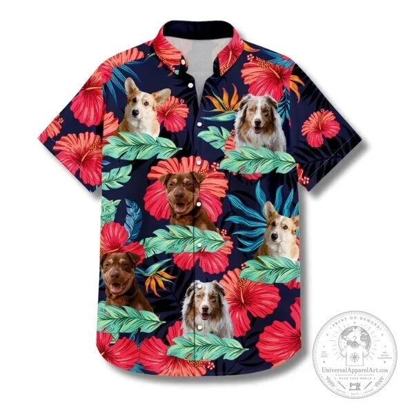 Cute Dogs and Hibiscus Flowers Hawaiian Shirt for Dog Lovers