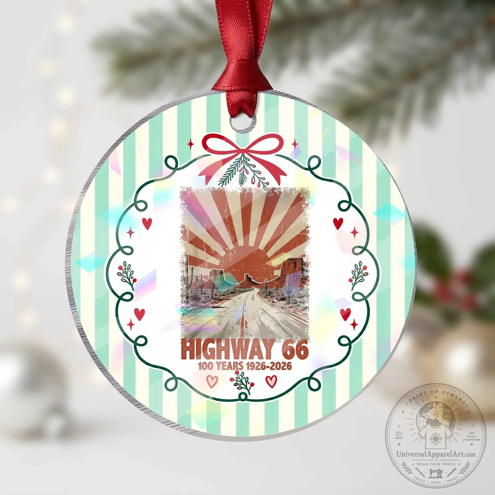 Route 66 Centennial 1926-2026 Sunset Horizon Holographic Acrylic Ornament