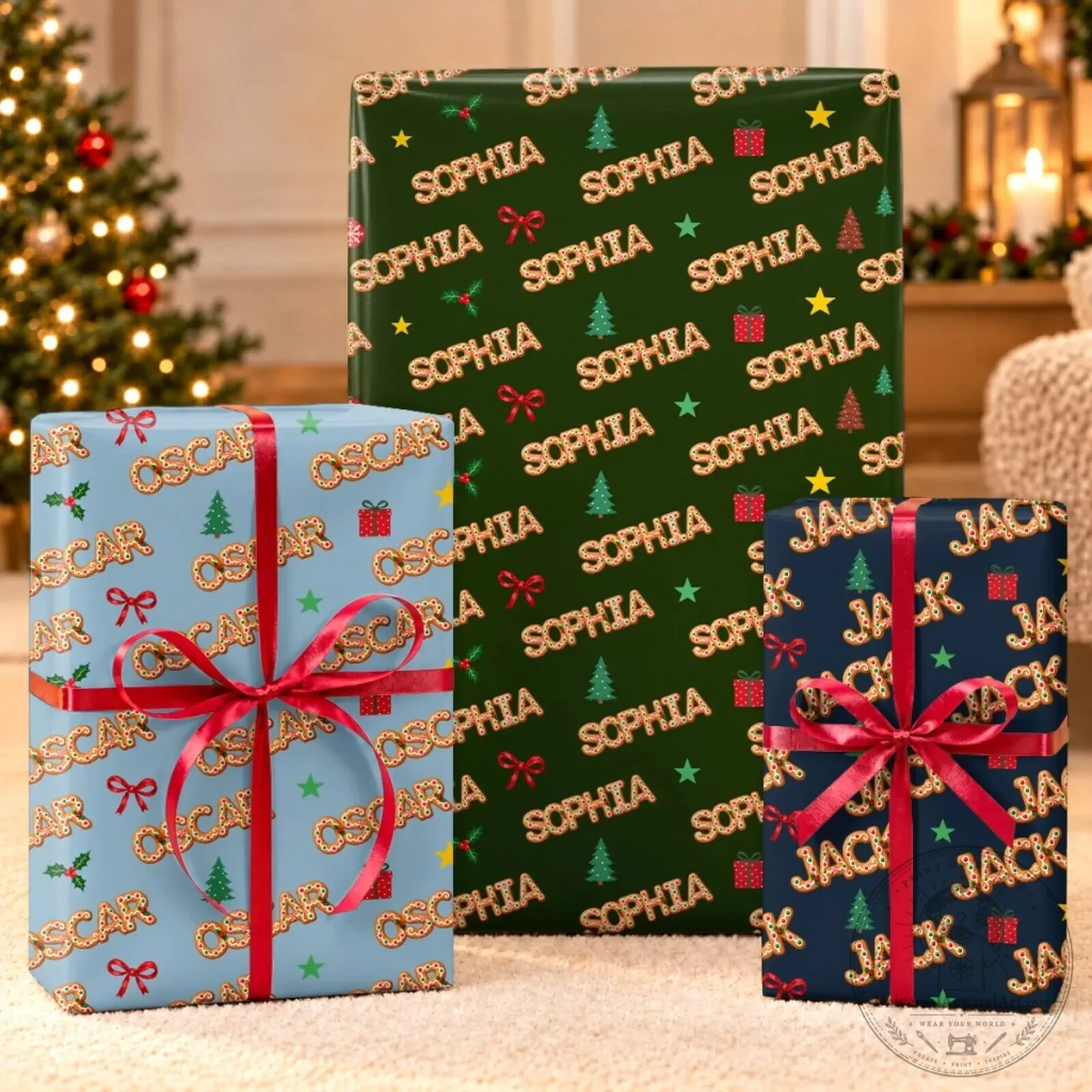 Personalized Christmas Cookie Name Pattern Holiday Wrapping Paper