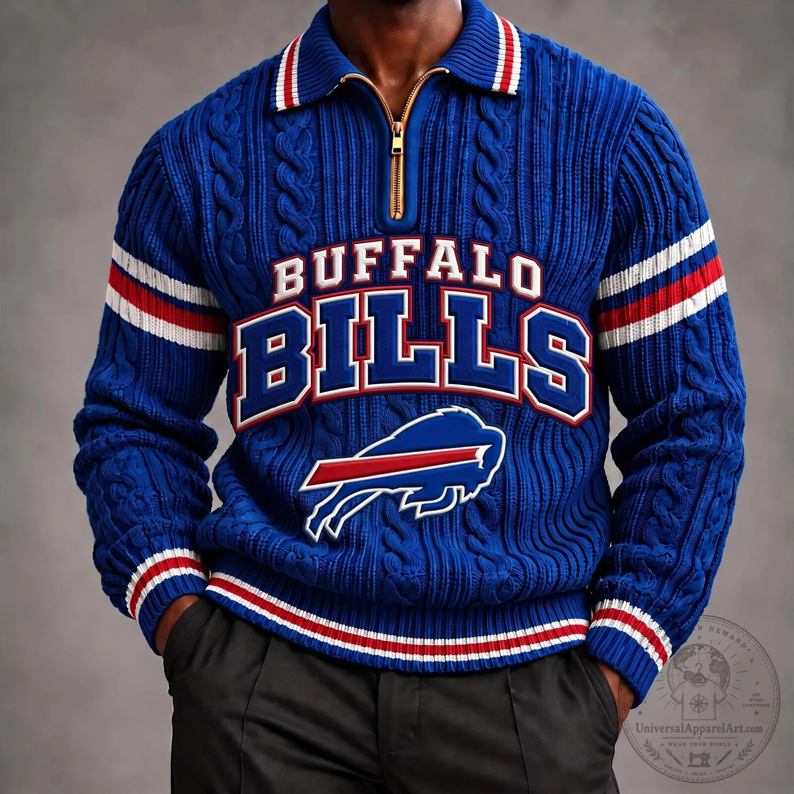 Buffalo Bills NFL Football Team Cable Knit Quarter Zip Pullover Sweater