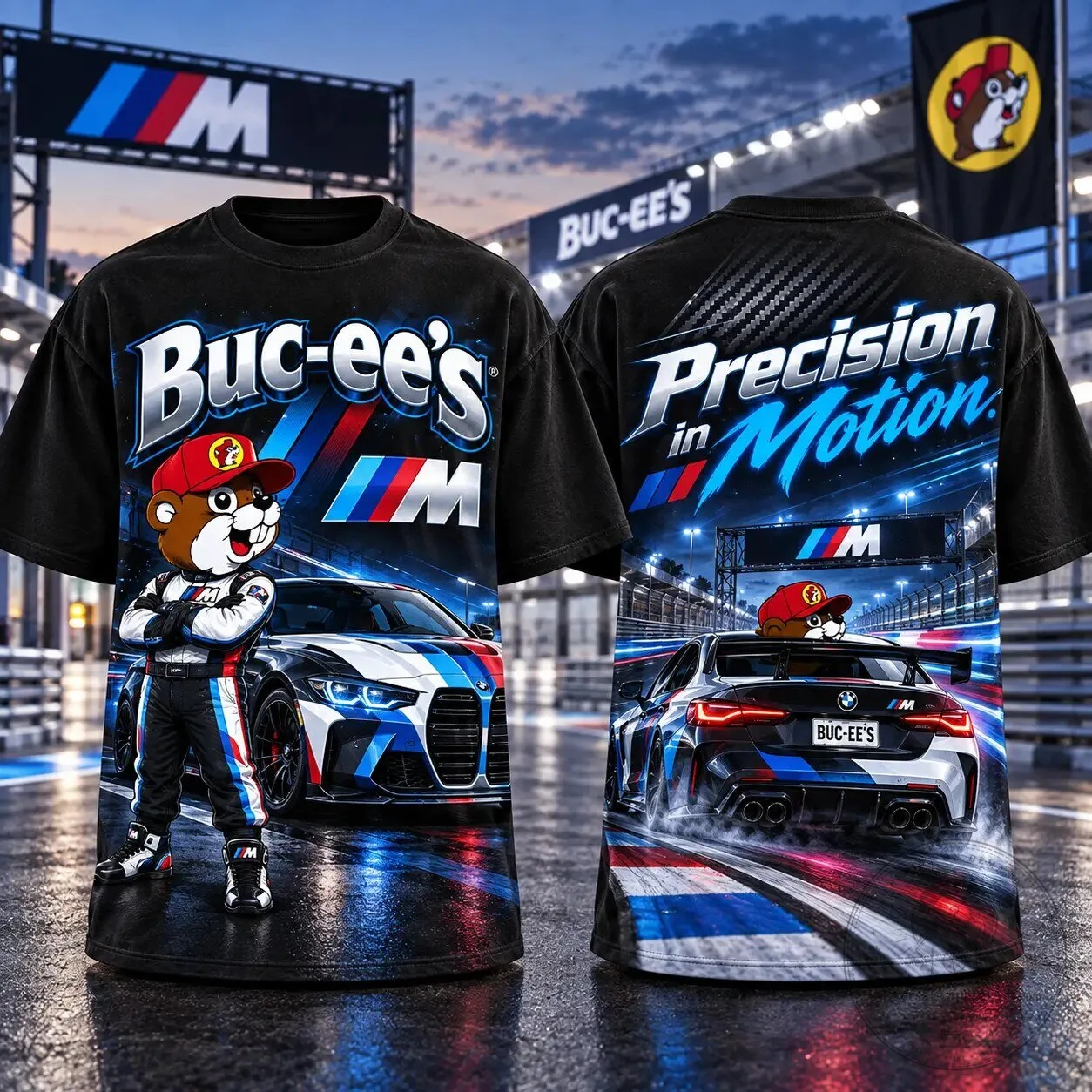 Buc-ee's Beaver BMW M Series Precision In Motion Racing Car T-Shirt